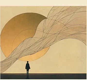 An illustrated generative ribbon floating through an amber exhibition space.