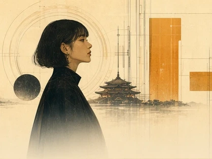 Sophia Lee illustrated in profile near circular geometry and a temple skyline.